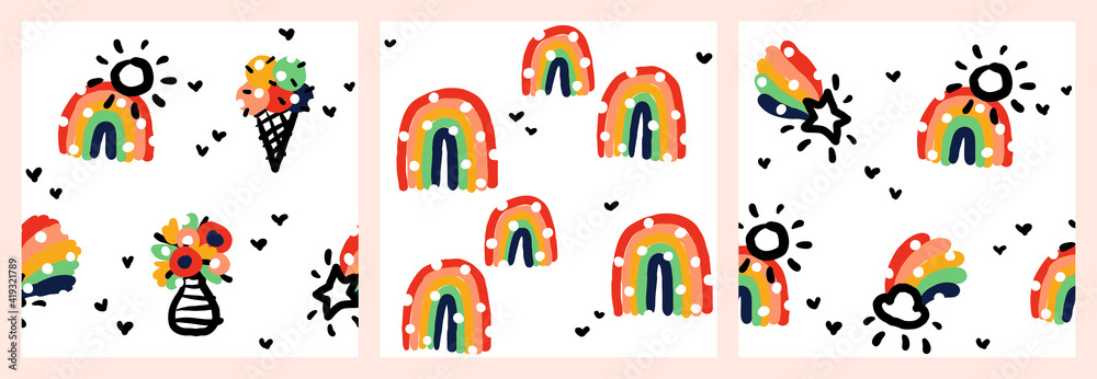 Set of seamless patterns in naive style with cute abstract rainbow, ice cream, flower bouquet, sun and star. Creative vector design for funny wallpaper or cool packaging
