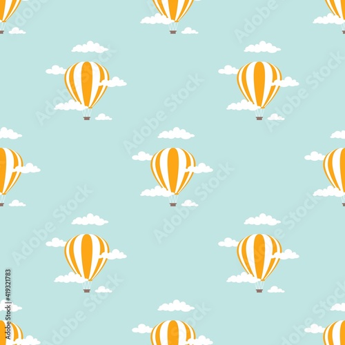 hot air baloons flying in the blue sky with clouds. Flat cartoon vector illustration.