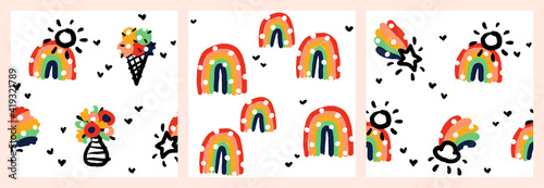 Fototapeta Naklejka Na Ścianę i Meble -  Set of seamless patterns in naive style with cute abstract rainbow, ice cream, flower bouquet, sun and star. Creative vector design for funny wallpaper or cool packaging