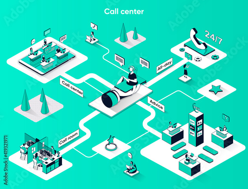 Call center isometric web banner. Hotline operators in office flat isometry concept. Online customer support consultation all day 3d scene design. Vector illustration with tiny people characters