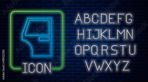 Glowing neon Car door icon isolated on brick wall background. Neon light alphabet. Vector.