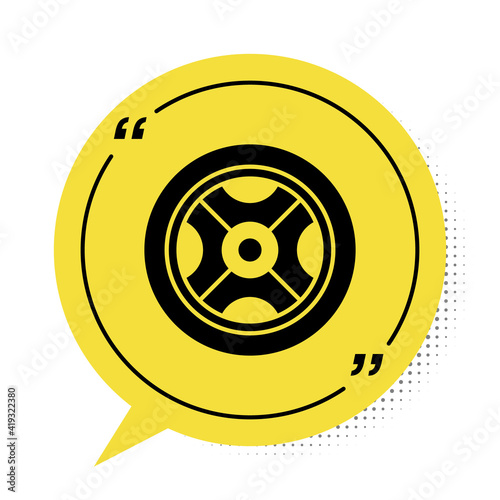 Black Car wheel icon isolated on white background. Yellow speech bubble symbol. Vector.