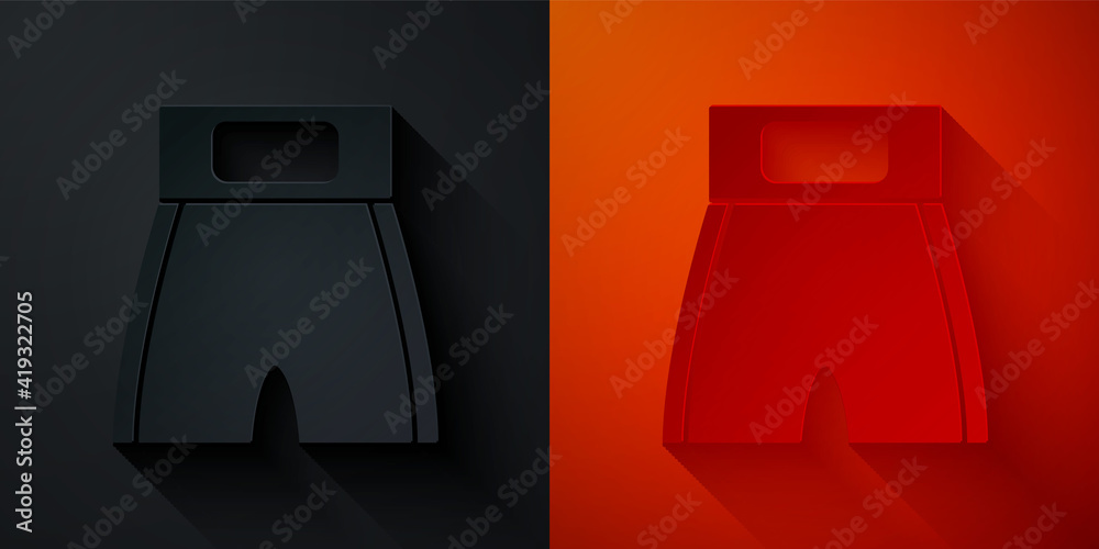 Paper cut Boxing short icon isolated on black and red background. Paper art style. Vector. Paper cut Boxing short icon isolated on black and red background. Paper art style. Vector.