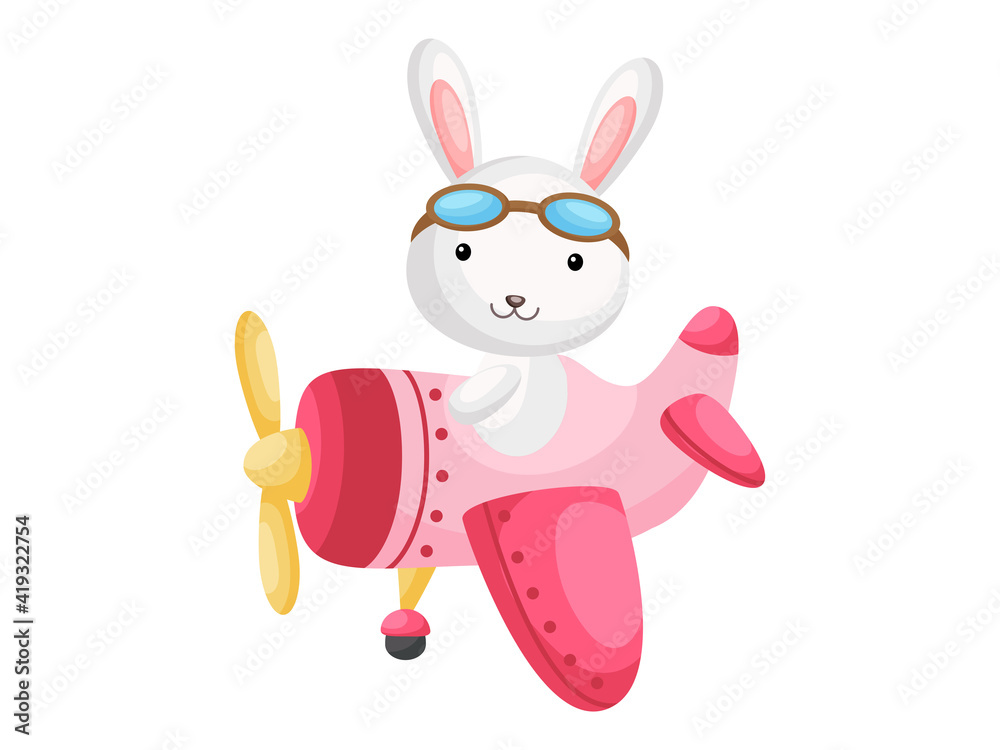 Little rabbit wearing aviator goggles flying an airplane. Funny baby character flying on plane for greeting card, baby shower, birthday invitation, house interior. Isolated cartoon vector illustration Little rabbit wearing aviator goggles flying an airplane. Funny baby character flying on plane for greeting card, baby shower, birthday invitation, house interior. Isolated cartoon vector illustration