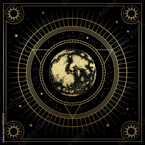 Earth or moon with line art, engraving, luxury style for tarot reader, card and poster