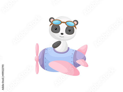 Little panda wearing aviator goggles flying an airplane. Funny baby character flying on plane for greeting card, baby shower, birthday invitation, house interior. Isolated cartoon vector illustration