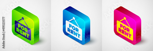 Isometric Hanging sign with text For Rent icon isolated on grey background. Signboard with text For Rent. Square button. Vector.