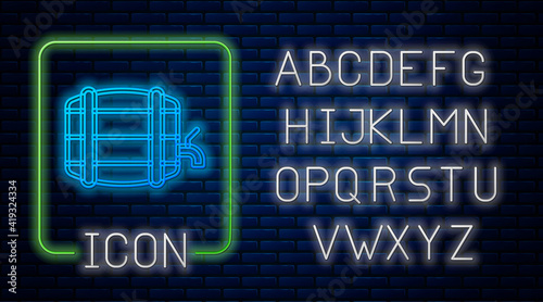 Glowing neon Wooden barrel on rack with stopcock icon isolated on brick wall background. Neon light alphabet. Vector.