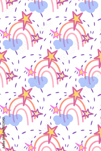 Rainbow, sky space seamless pattern, funny childish hand drawn style, shapes of cloud, asymmetric stars in pink, blue colors. White background