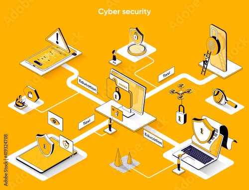 Cyber security isometric web banner. Protect personal data 3d scene design. Modern identification technologies, password access flat isometry concept. Vector illustration with tiny people characters