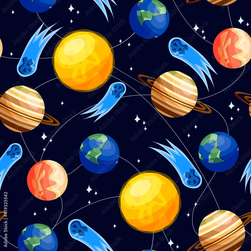 Seamless pattern with planets, stars and comet. Background with the universe. Seamless pattern with planets, stars and comet. Background with the universe.