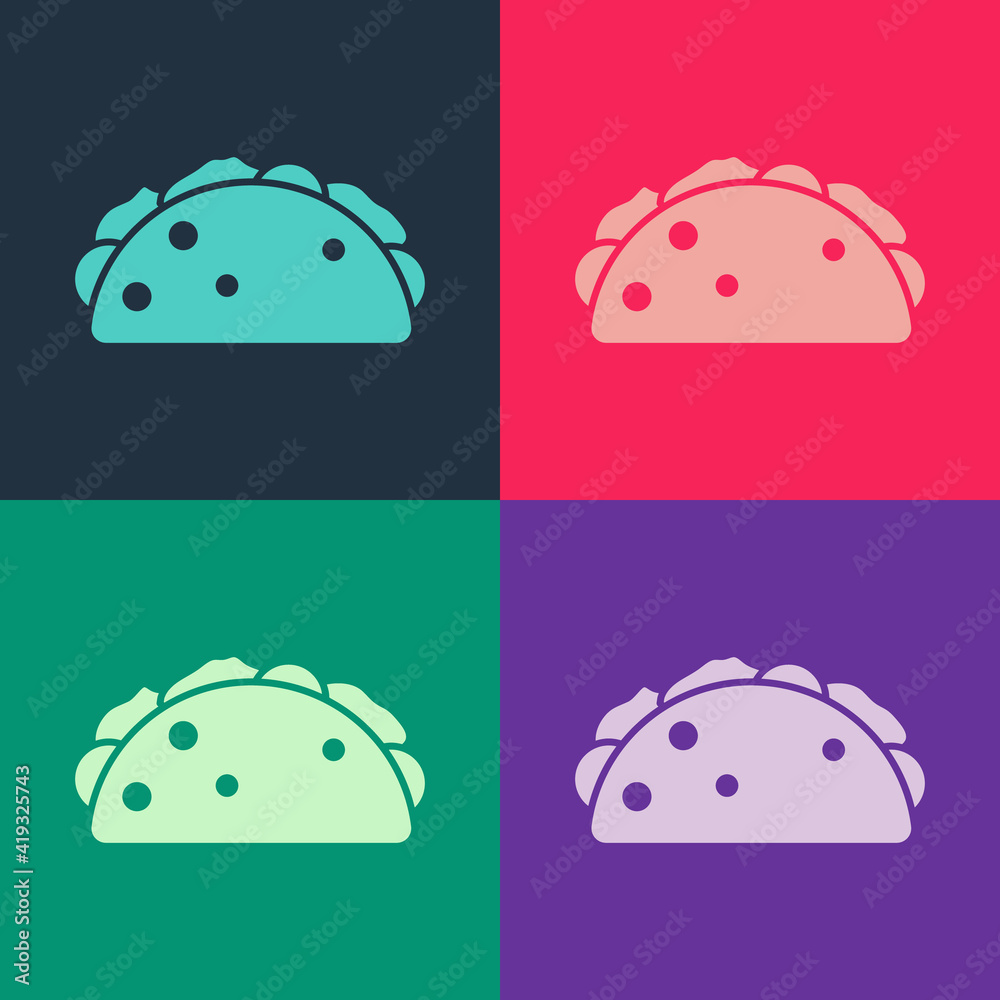Pop art Taco with tortilla icon isolated on color background. Traditional mexican fast food menu. Vector. Pop art Taco with tortilla icon isolated on color background. Traditional mexican fast food menu. Vector.