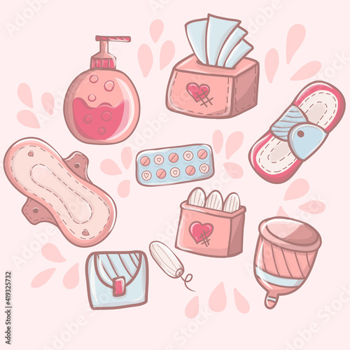 Periods. Menstruation. Zero waste objects. Panties, pads, cups. Hand drawn vector illustration Various feminine hygiene products
