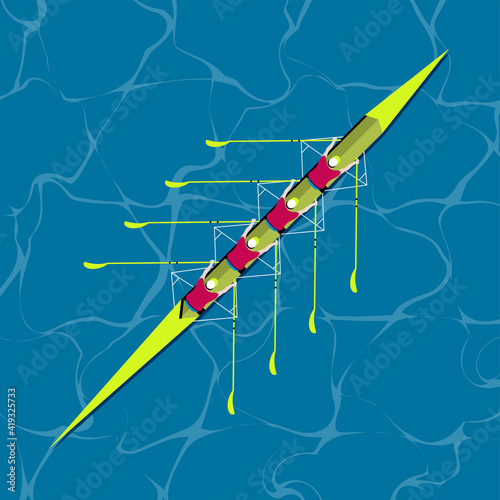 Men in boat.Top view of canoe on water. Flat illustration.