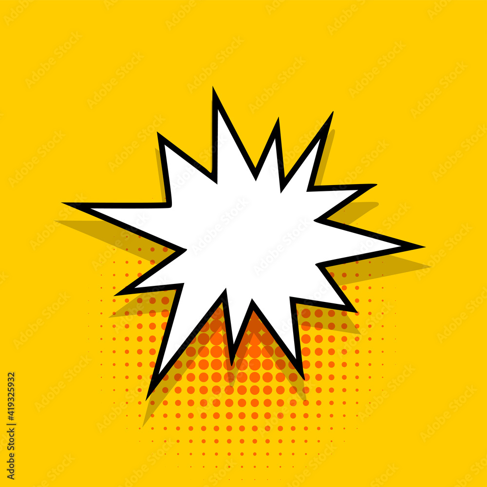 Comics speech bubble for text pop art design. White empty dialog cloud for text message on yellow background. Comics sketch puff explosion elements comic book text. Wow effect vector cartoon