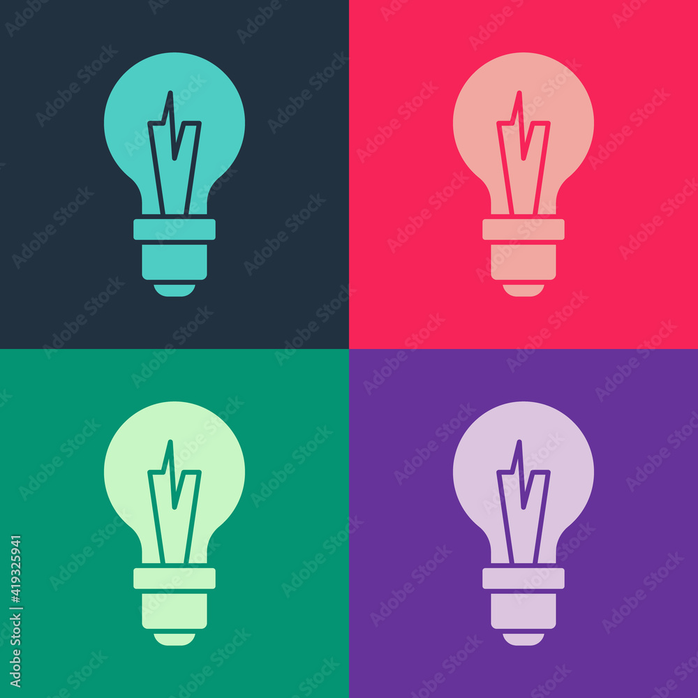 Pop art Light bulb with concept of idea icon isolated on color background. Energy and idea symbol. Inspiration concept. Vector.