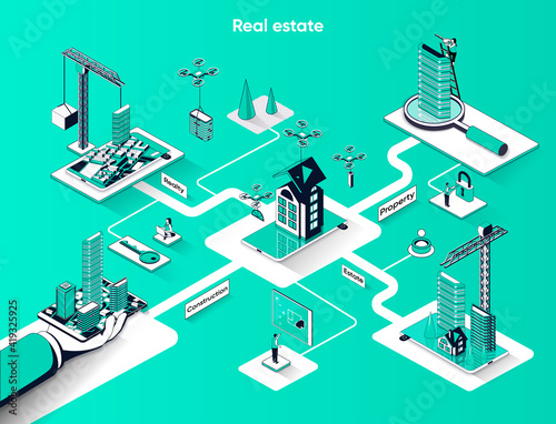 Real estate isometric web banner. Construction property company flat isometry concept. Building skyscrapers and residential houses 3d scene design. Vector illustration with tiny people characters