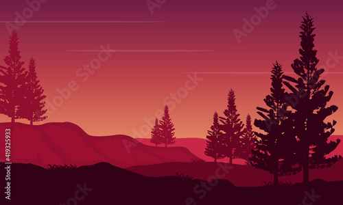 The color of the sky is so stunning at twilight with an aesthetically pleasing silhouette of mountains and pine trees. Vector illustration