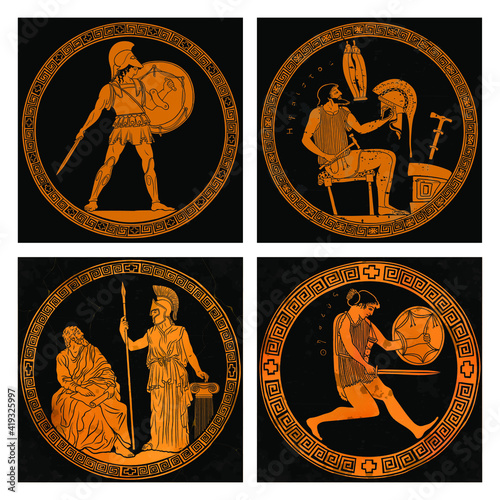 Ancient Greek warriors with weapons in their hands and a blacksmith in the workshop. Set of drawing on the bottom of a ceramic pot.