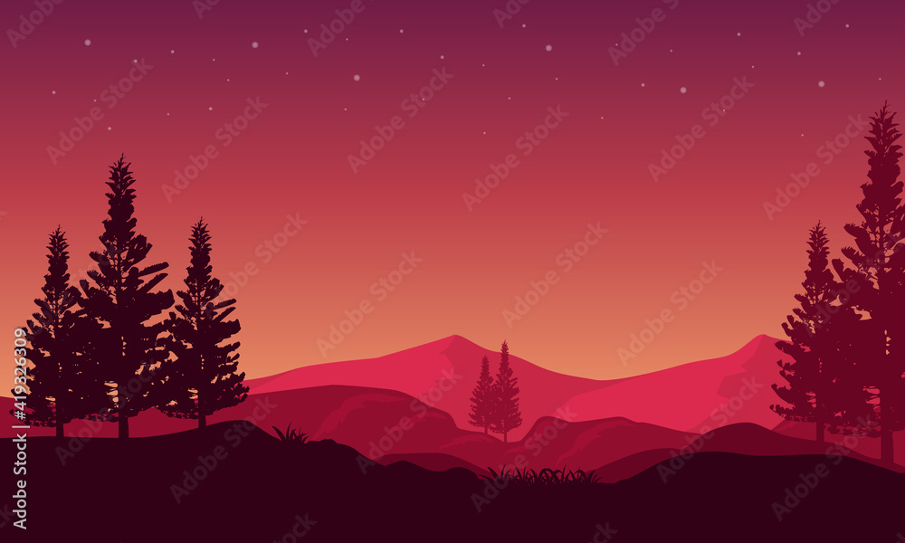 The view of the mountains and the beautiful silhouette of the cypress trees under the starry sky. Vector illustration