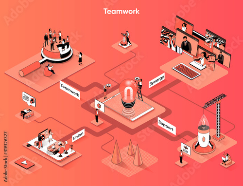Teamwork isometric web banner. Business meetings and partnership flat isometry concept. Union businesspersons, synergy and support 3d scene design. Vector illustration with tiny people characters