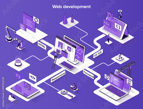 Web development isometric banner. Development software for website flat isometry concept. Frontend, UI UX, coding and optimization, 3d scene design. Vector illustration with tiny people characters