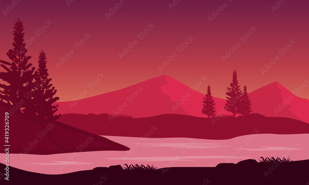 Amazing view of the mountains at night from the riverside. Vector illustration