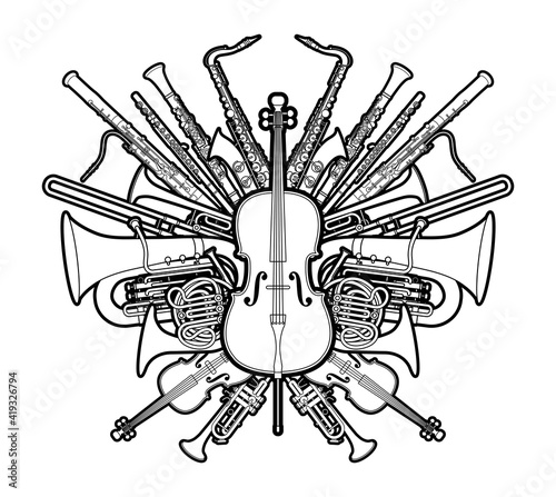 Orchestra Instruments Set Cartoon Outline Graphic Vector 