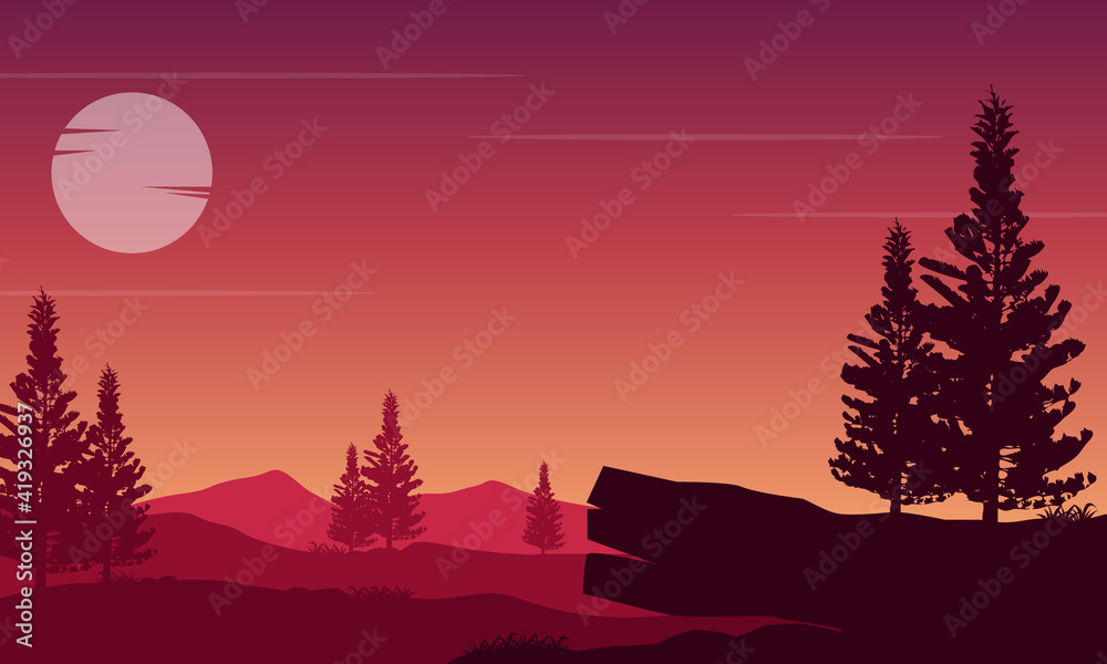 A warm evening with a dramatic silhouette of mountains and cypresses. Vector illustration