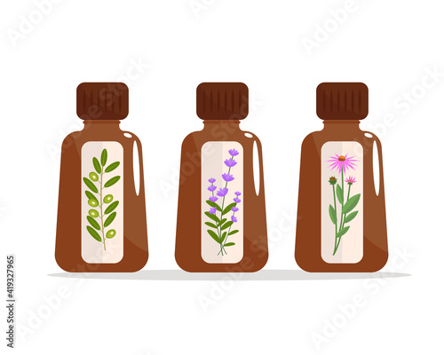 Homeopathy natural medicine. Healthy treatment. Set of brown bottles with extracts of olive oil, lavender and echinacea homeopathic natural flat healing disease vector naturopathy.