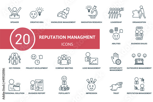 Reputation Management icon set. Contains editable icons reputation management theme such as creative idea, innovation research, organization and more.