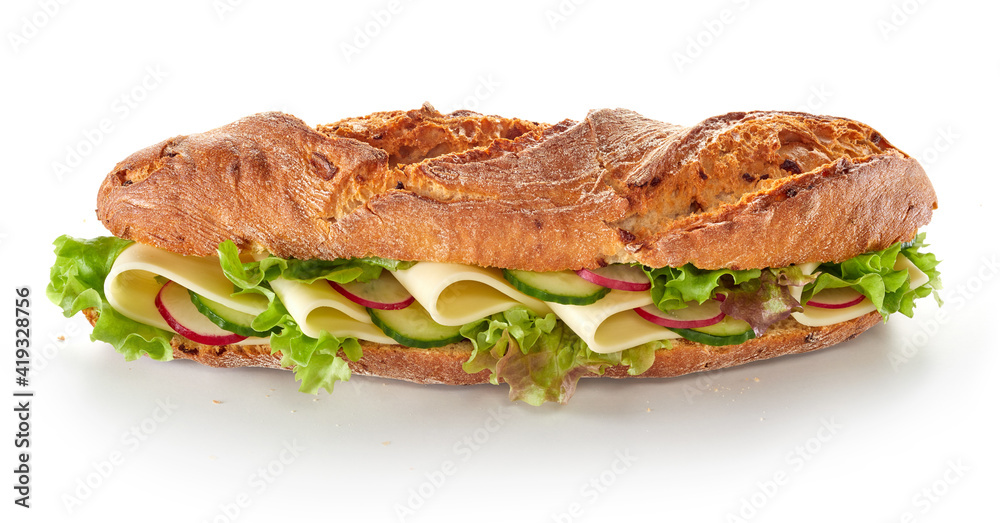 Appetizing sandwich served on white table