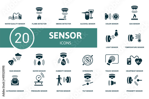 Sensor icon set. Contains editable icons sensor theme such as flame detector, alcohol sensor, gas sensor and more. photo