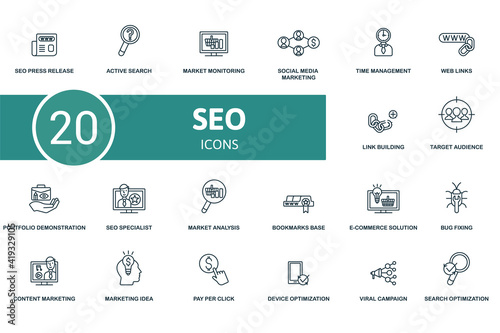 Seo icon set. Contains editable icons seo theme such as active search, social media marketing, web links and more.