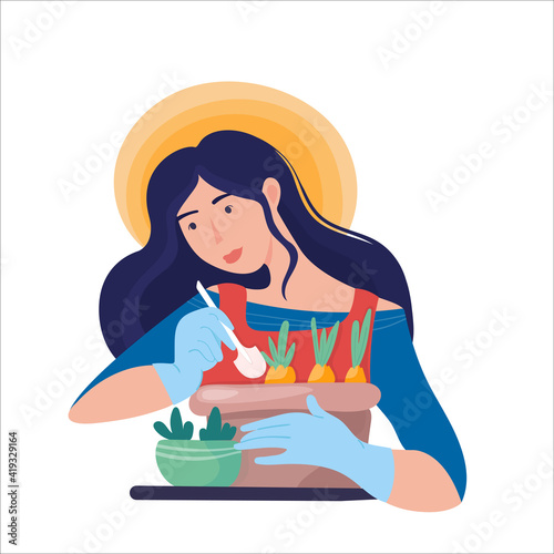 Vector cartoon flat illustration girl plants bulbous plants crocuses or hyacinth.