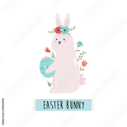 Happy Easter vector illustration with cute rabbit and flowers © danceyourlife