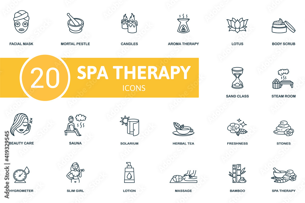 Spa Therapy icon set. Contains editable icons spa therapy theme such as martar and pestle, aroma therapy, body scrub and more.