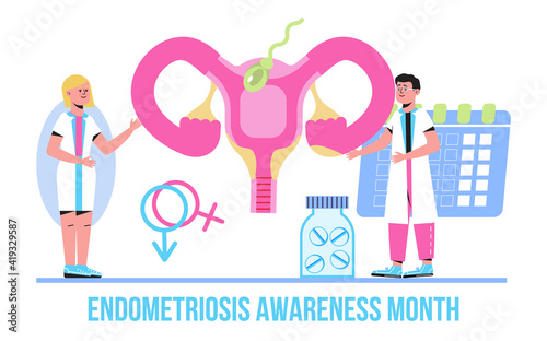 Endometriosis Month takes place across world, with the aim of increasing awareness and highlighting symptoms of this debilitating condition. Doctor treat human uterus vector.