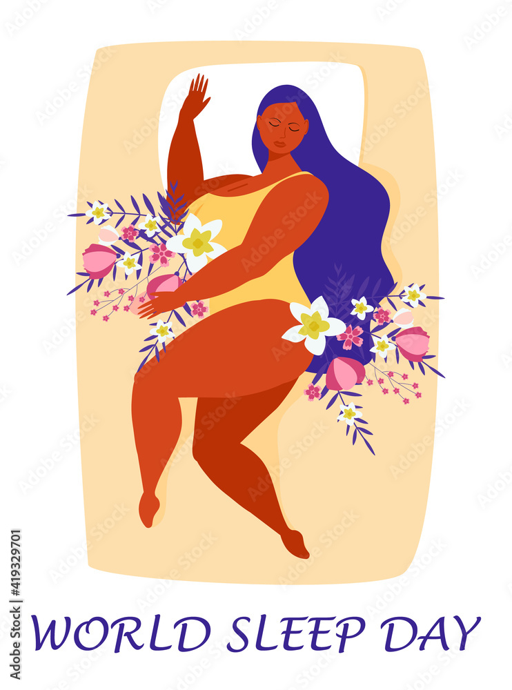 World sleep day concept vector. Beautiful woman is sleeping in bed. Sweet dreams illustration. World sleep day concept vector. Beautiful woman is sleeping in bed. Sweet dreams illustration.