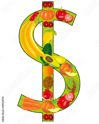 Decorative sign of the dollar from fruit and vegetables