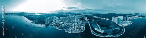 Canvas Print Panorama view of Hong Kong city in blue color tone