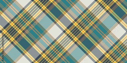 marine green and white main color gingham checkered diagonal repeatable fabric texture with yellow orange and gray threads for plaid, tablecloths, shirts, tartan, clothes, dresses, bedding