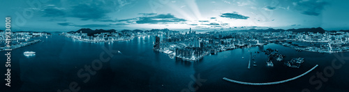 Photography Panorama view of Hong Kong city in blue color tone