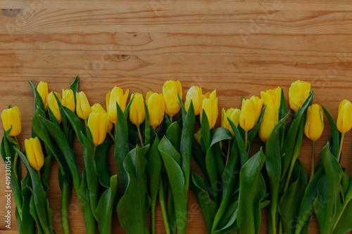 Bright fresh yellow tulips on wooden background. Many yellow tulips on wooden table. Bunch of flowers on the table. Row of tulips on wooden background.