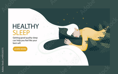 Healthy sleep concept landing page. The girl sleeps in a fresh bed, and the starry sky is all around. Design template with pose of sleeping for flyer, layout for the site