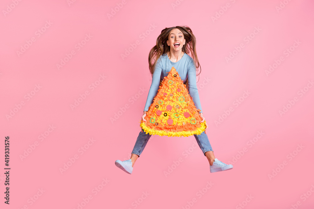 Full size portrait of excited cheerful girl hands hold big pizza collage open mouth isolated on pink color background