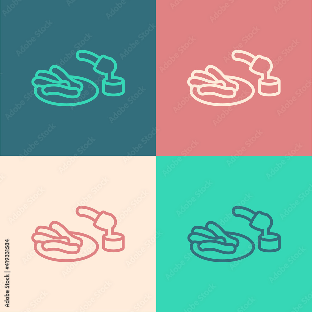 Fototapeta premium Pop art line Churros and chocolate icon isolated on color background. Traditional national Spain dessert, European street food. Vector.