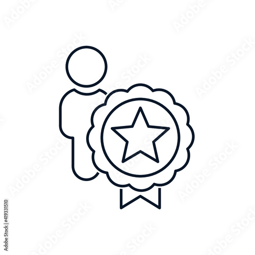 Human silhouette, medal, star. User rewarding concept. Vector icon isolated on white background. 