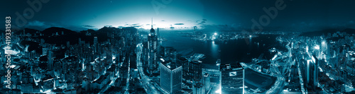 Photography Panorama view of Hong Kong city in blue color tone
