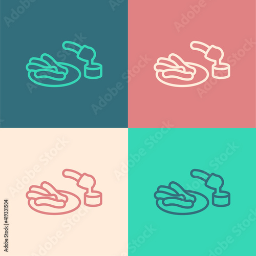 Pop art line Churros and chocolate icon isolated on color background. Traditional national Spain dessert, European street food. Vector.